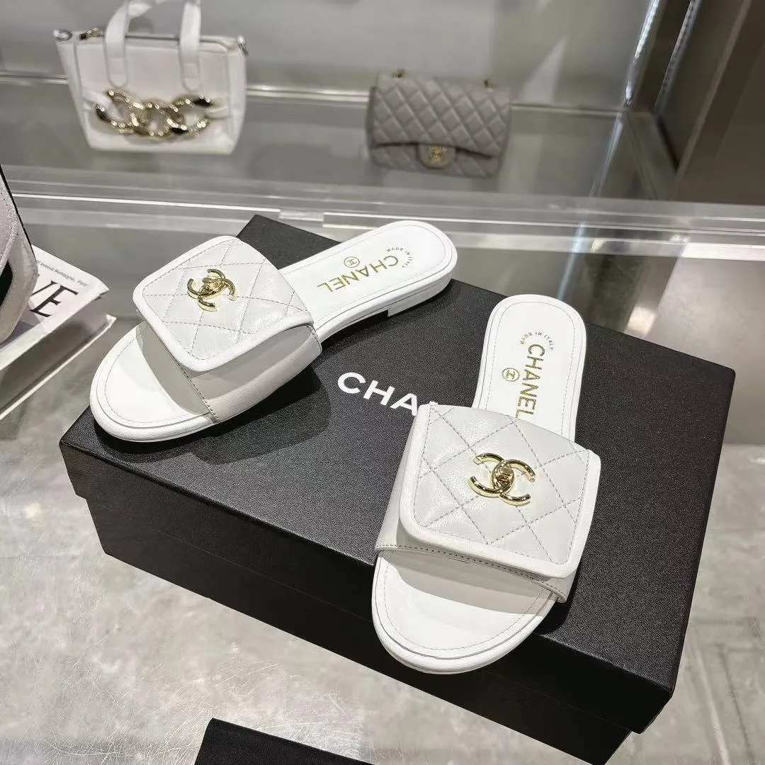 👟👟Ex-factory price 340👟👟Chanel Chanel 25C new women's double C schoolbag buckle flat sandals, fabric sheepskin, color: black: white: pink: apricot, code number: 5-40 (customized 41 42 43 customized non-refundable)